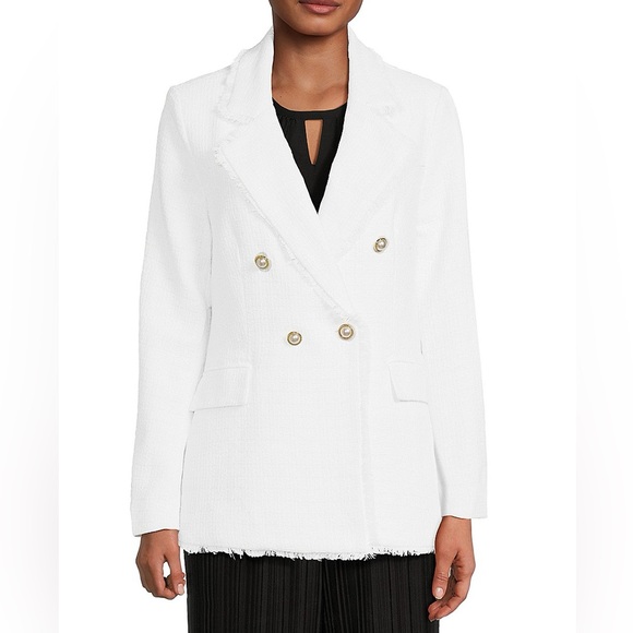 Nanette Lepore White Tweed Double Breasted Blazer Jacket Gold Buttons Size L - Picture 2 of 9